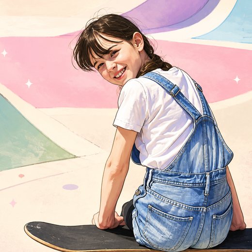 Gezeichnetes Bild von Lia auf ihrem Skateboard